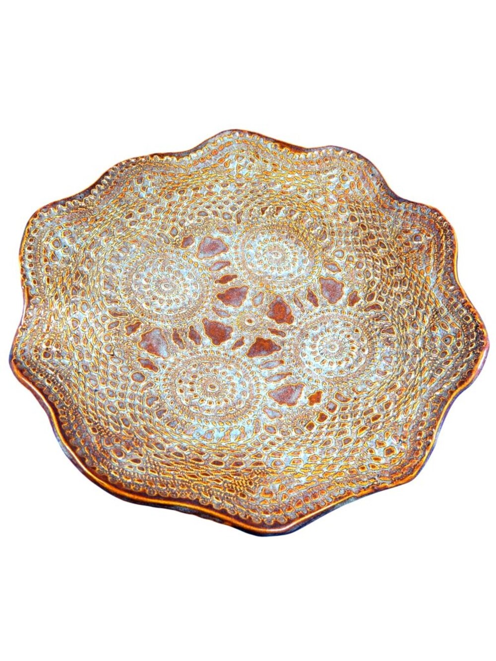 Signed Studio Pottery Platter, Schwein 2014, Cuba MO, Textured Blue & Rust Glaze